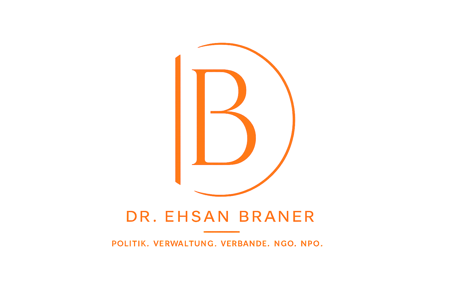 Logo mit einem großen orangefarbenen Buchstaben B innerhalb eines Kreises, darunter der Name Dr. Ehsan Braner und die Begriffe Politik, Verwaltung, Verbände, NGO, NPO
