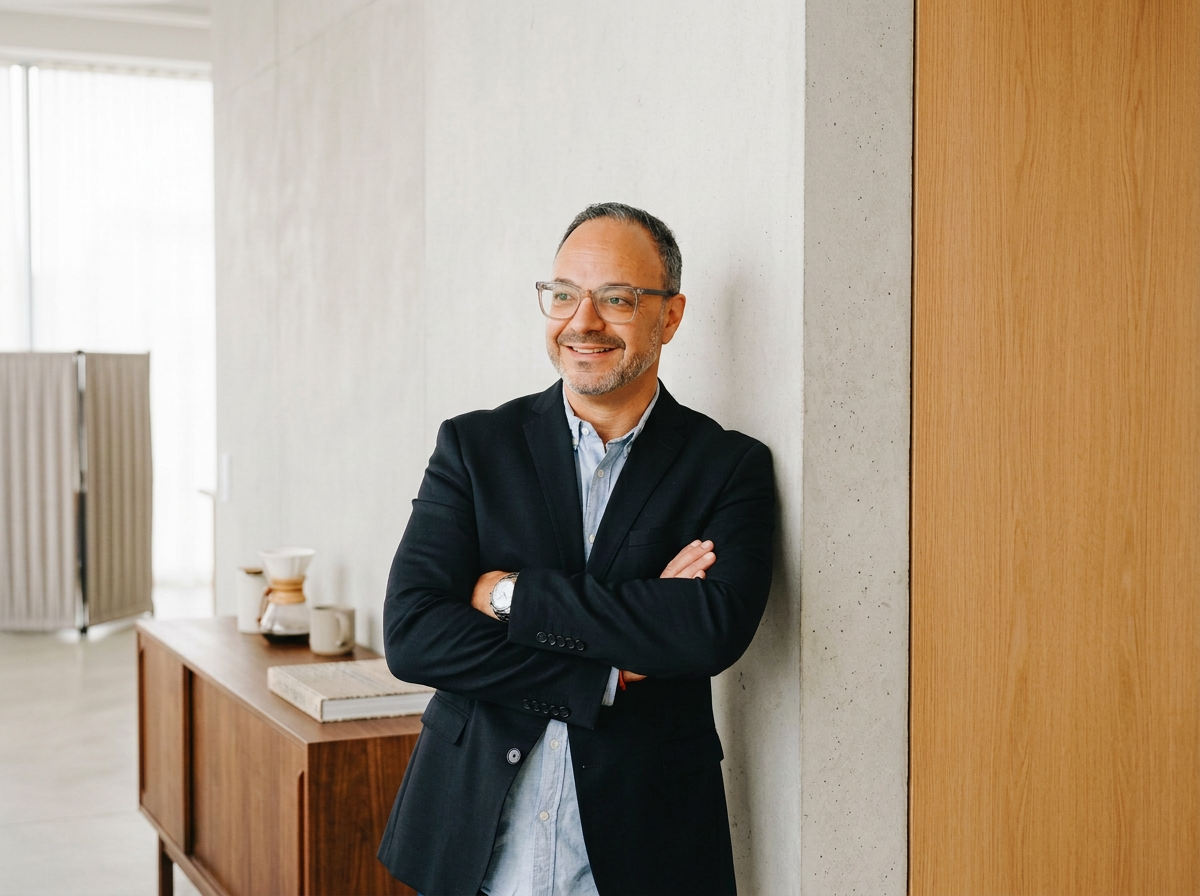Ein Mann in einem schwarzen Anzug lehnt an einer Wand, im Hintergrund ein Tisch mit Keramik- und Kaffeegeschirr.