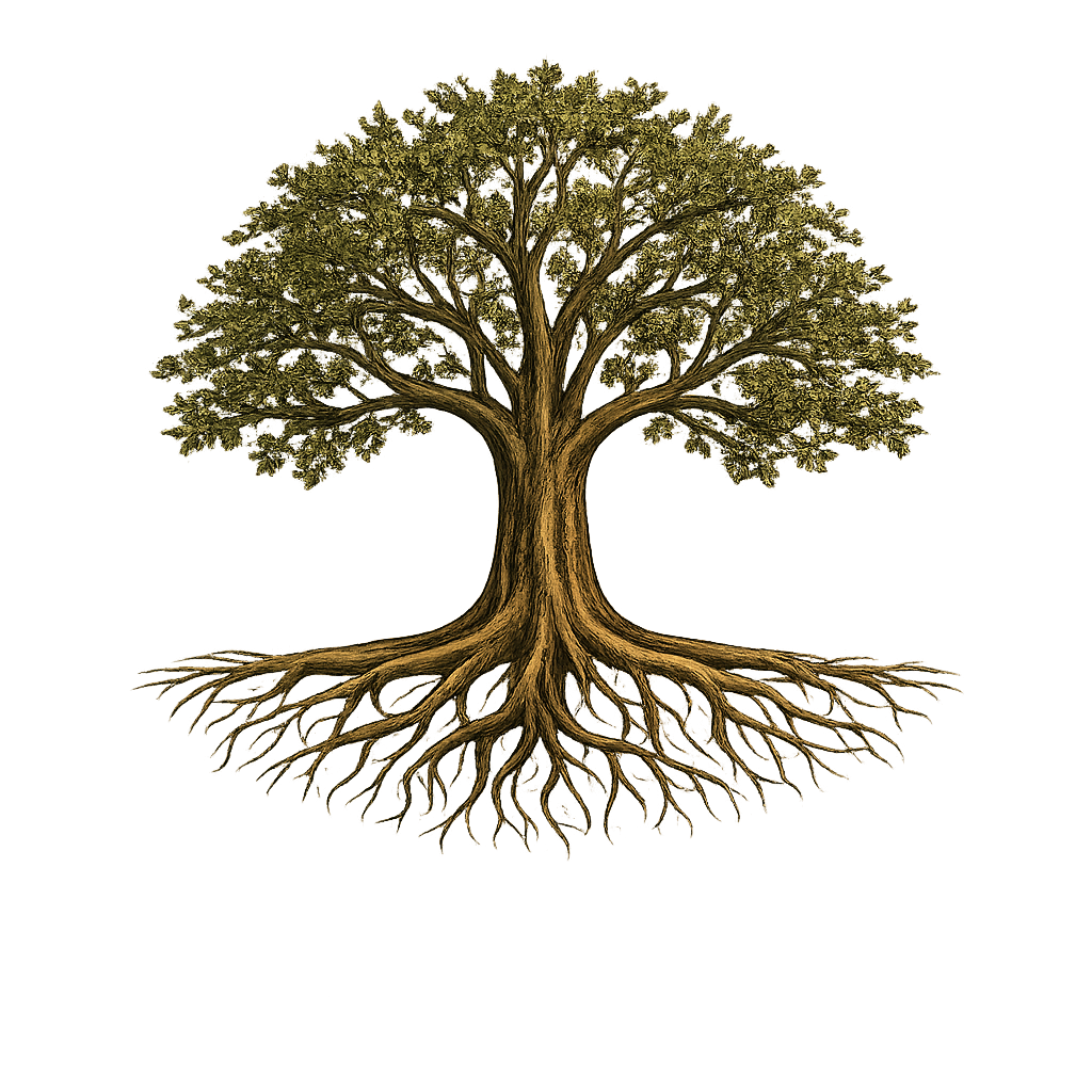 A digitally illustrated tree with a thick trunk, lush foliage, and extensive roots against a black background.