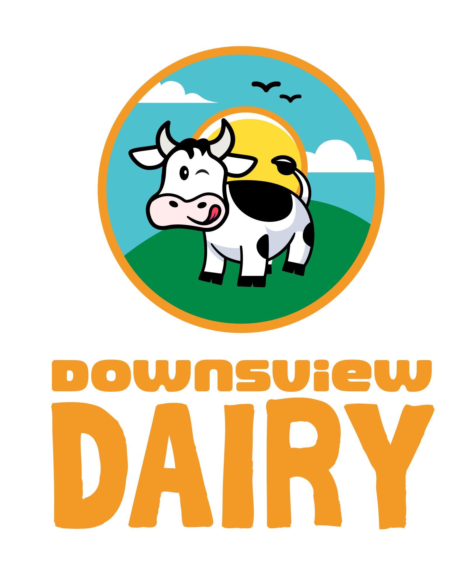 Logo for downtown dairy featuring a cartoon cow with a smiling face, sun in the background, blue sky with clouds and birds, green hill, and orange border.