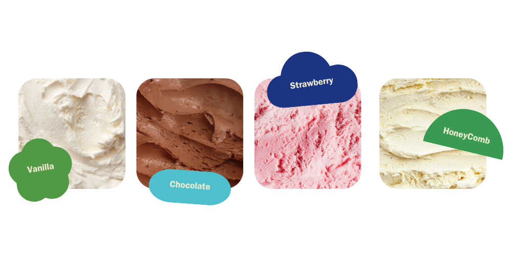 A display of various ice cream flavors including vanilla, chocolate, strawberry, and honeycomb.