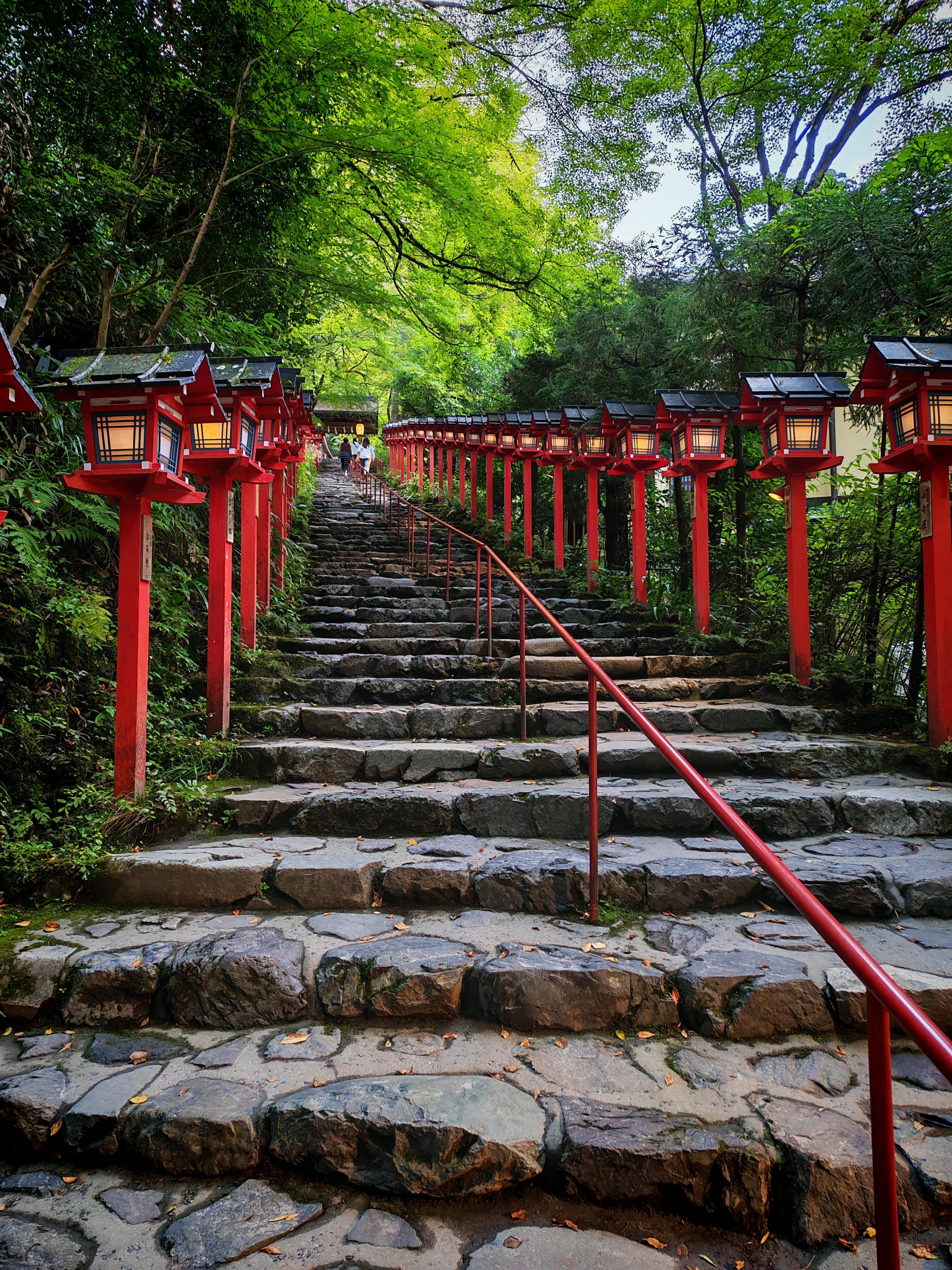 Stone staircase with red traditional Japanese lanterns on both sides, surrounded by lush green trees in a forested area.