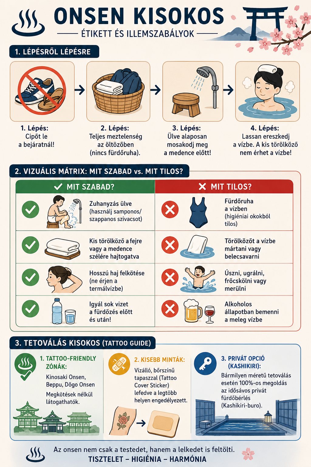 Japán onsen etikett és fürdőzési szabályok infografika: lépésről lépésre útmutató a helyes viselkedéshez és a mit szabad, mit tilos mátrix.