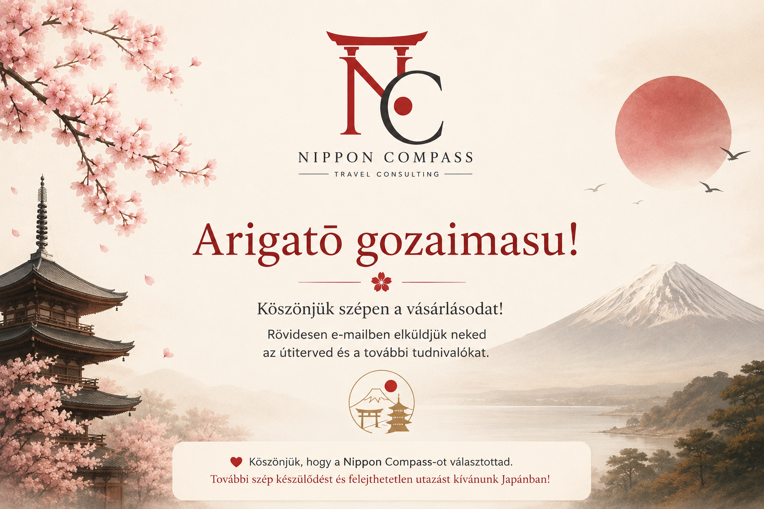 A farewell message from Nippon Compass Travel Consulting in Hungarian, with Japanese-inspired scenery including cherry blossoms, a pagoda, Mount Fuji, and a red sun.
