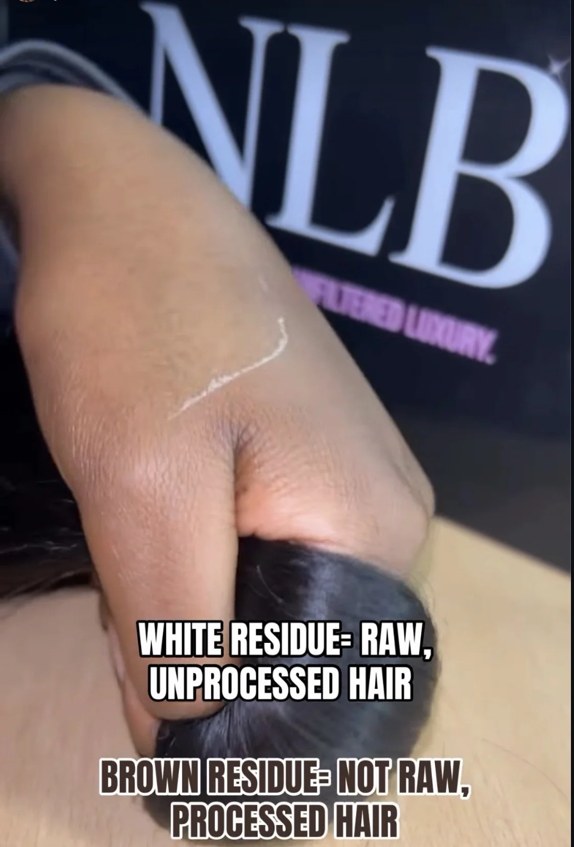 Close-up of a person's hair with a miscolored section, showing a contrast between white residue (raw, unprocessed hair) and brown residue (not raw, processed hair).