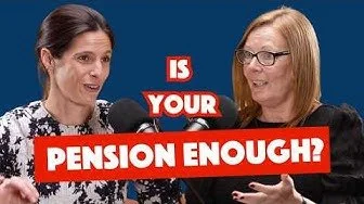 Two women speaking in front of a blue background with a red and white sign asking, 'Is your pension enough?'