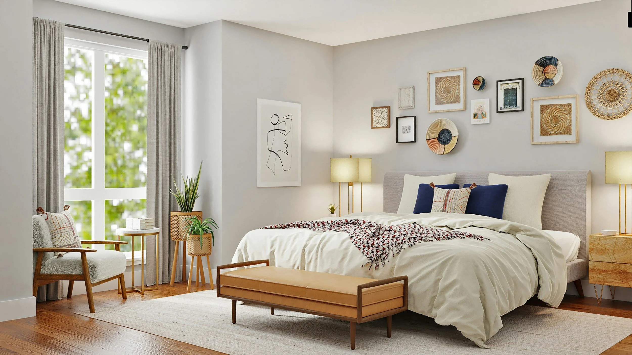 A cozy bedroom with a large bed, nightstands with lamps, a gallery wall of artwork above the bed, and a window with curtains letting in natural light. The room has beige and white tones with wooden accents.