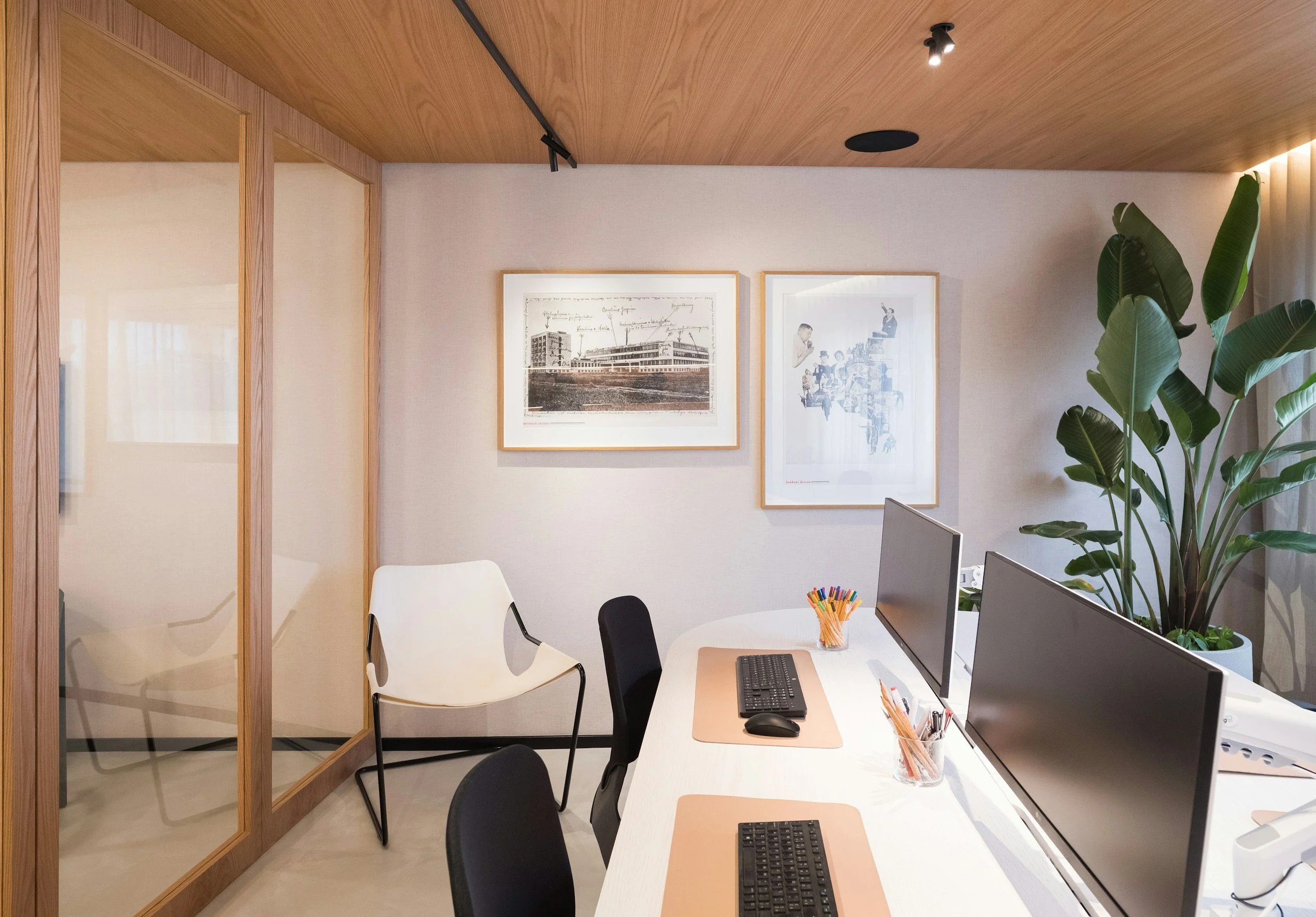 An office workspace with a white desk, two monitors, a keyboard, and a mouse. There are three chairs around the desk, a large potted plant, and framed artwork on the wall. The ceiling has wooden paneling and a track light.
