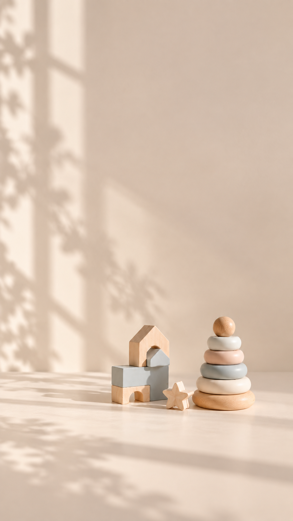 Children’s wooden playing blocks in an empty room