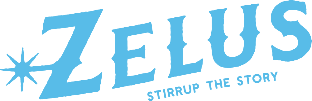 Zelus logo with subtext "Stirrup The Story" in electric blue color