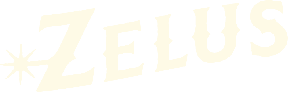 Close-up of the ZELUS logo with cream-colored text on a white background.