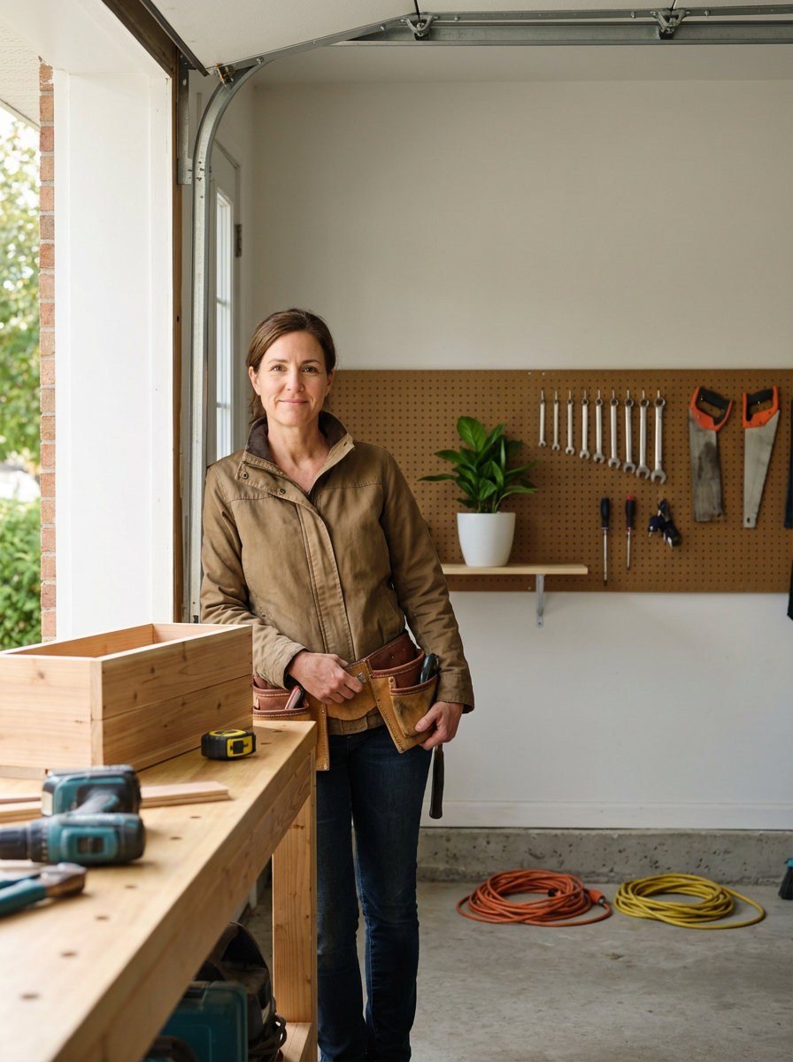 A woman in a brown jacket and jeans standing in a garage workshop, holding tools in her belt, with a pegboard mounted on the wall behind her, featuring wrenches, screwdrivers, and saws, and a potted plant on a shelf.