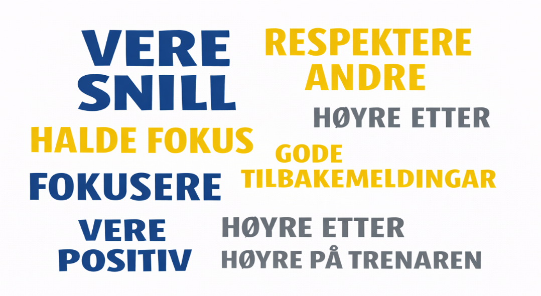 Norsk tekst med flotte, fargede ord på en hvit bakgrunn, inkluderer ord som 'VÆRE SNILL', 'RESPEKTERE ANDRE', 'HALDE FOKUS', 'FOKUSERE', 'POSITIV', 'GODE TILBAKEMELDINGER', 'HØYRE ETTER', 'HØYRE PÅ TRENEREN'.