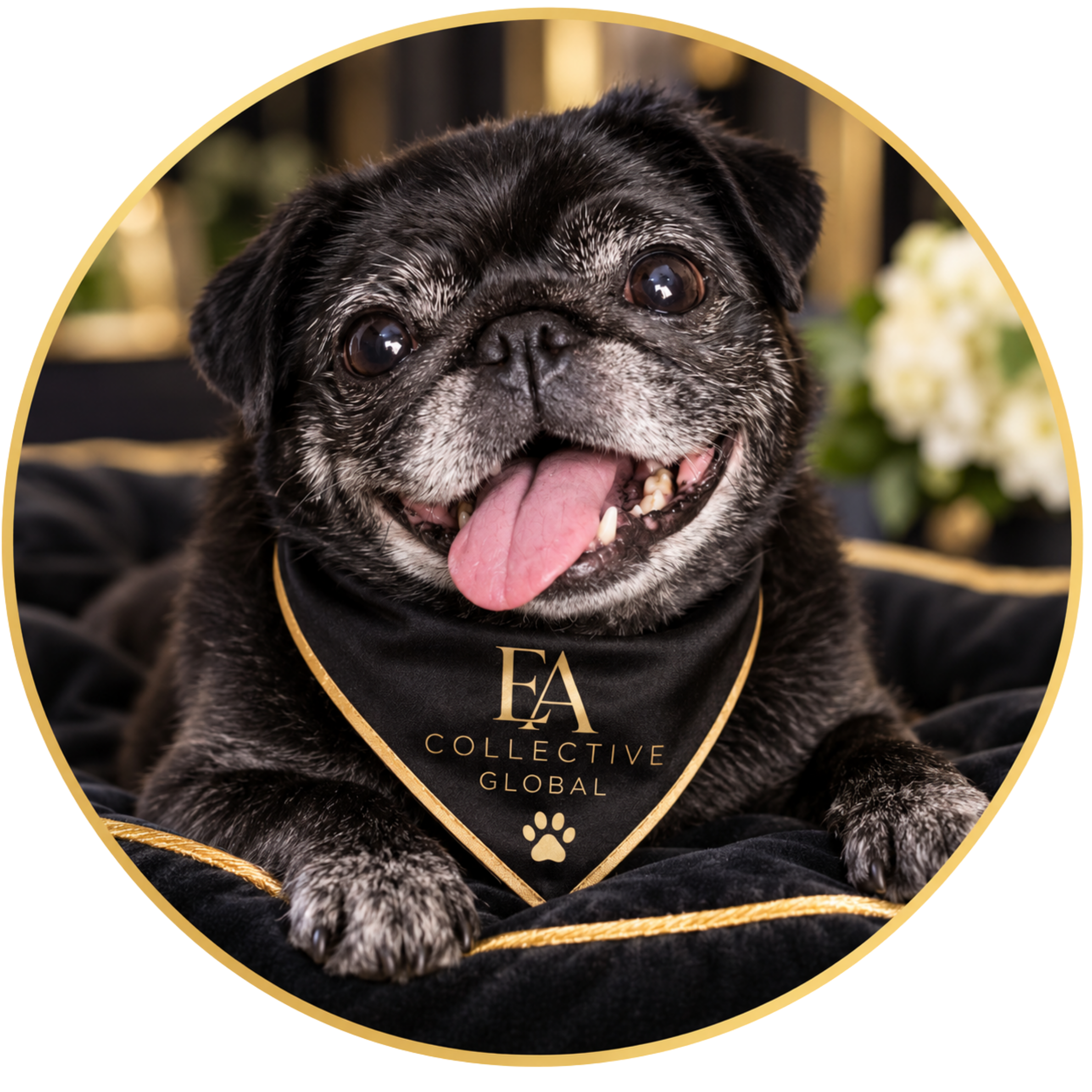 Close-up of a black pug dog with a gold collar, tongue out, and eyes looking at the camera, against a blurred background with white flowers.
