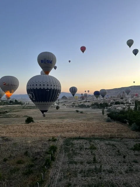 Multiple hot air balloons floating in the sky over a rural landscape during sunset.