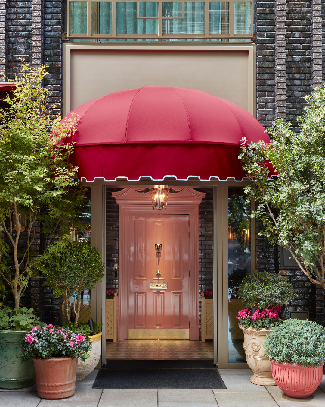 Red awning over a pink front door with potted plants and trees on either side, black brick exterior, and a glass window above.