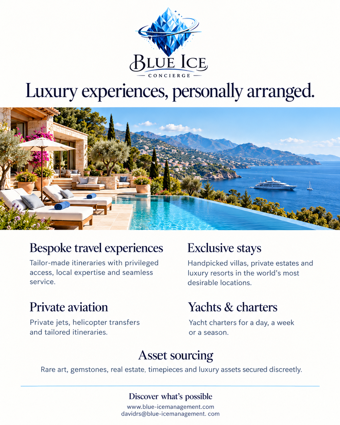 Luxury travel advertisement for Blue Ice Concierge featuring a scenic view of a coastal property with an infinity pool, garden, and mountains in the background.