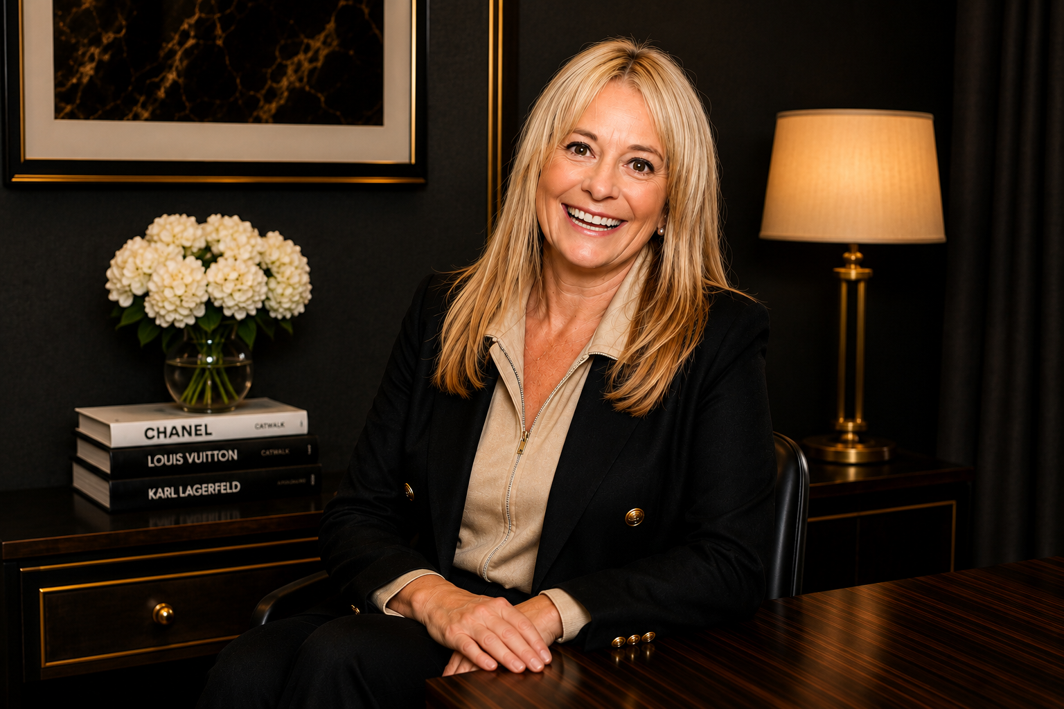 A smiling blonde woman sitting at a dark wooden desk, with a dark wall background, a lamp, a framed abstract art piece, and a glass vase with white flowers on a stack of fashion brand books.
