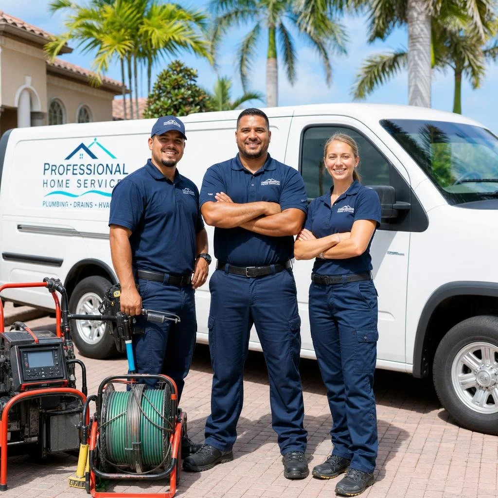 Three professional home service workers standing in front of a white van with company logo, smiling, with equipment on the ground, palm trees and a house in the background.