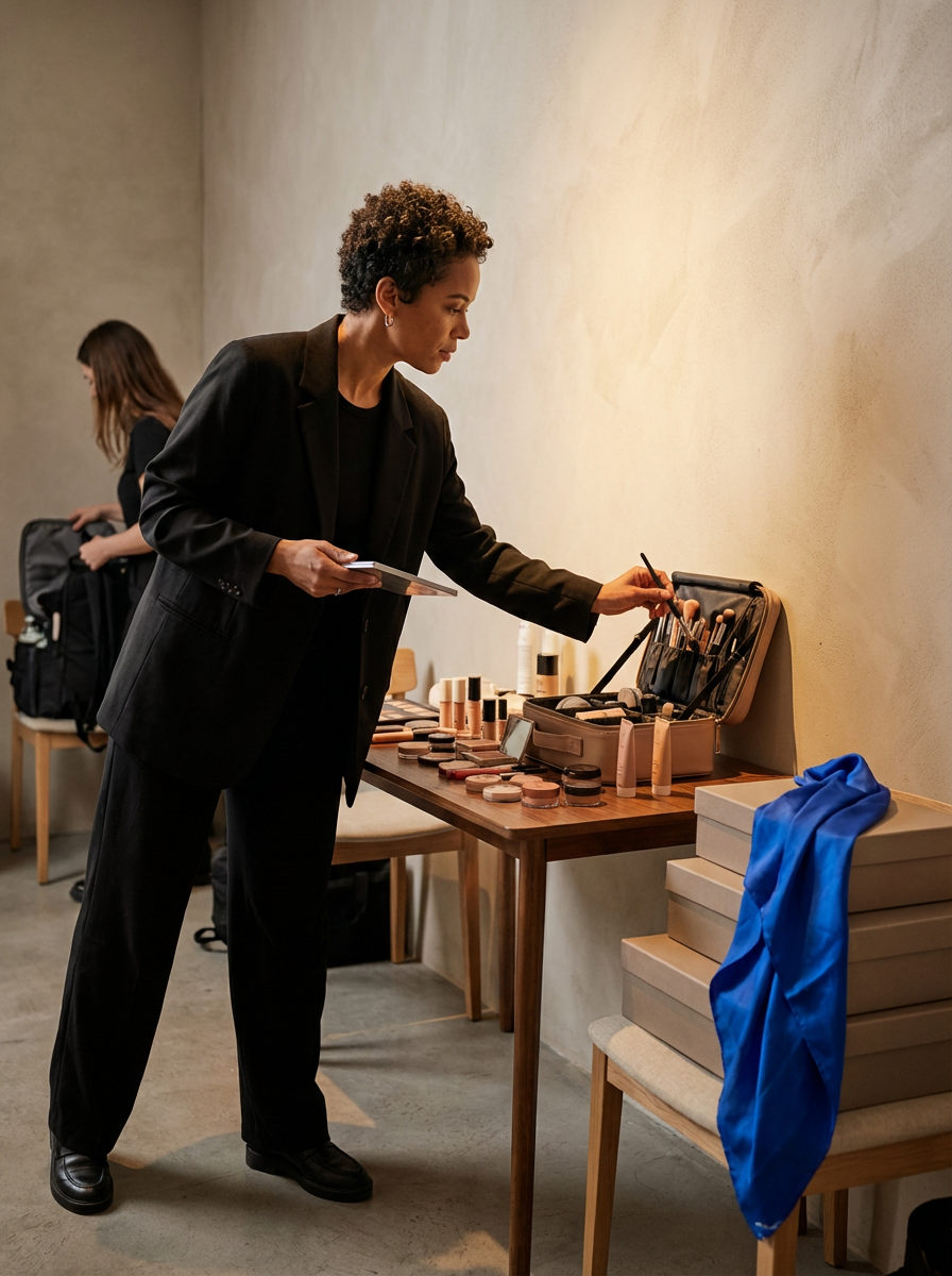 A woman in a black suit selecting makeup brushes from a case on a wooden table, with various makeup products and a blue cloth on a chair nearby.