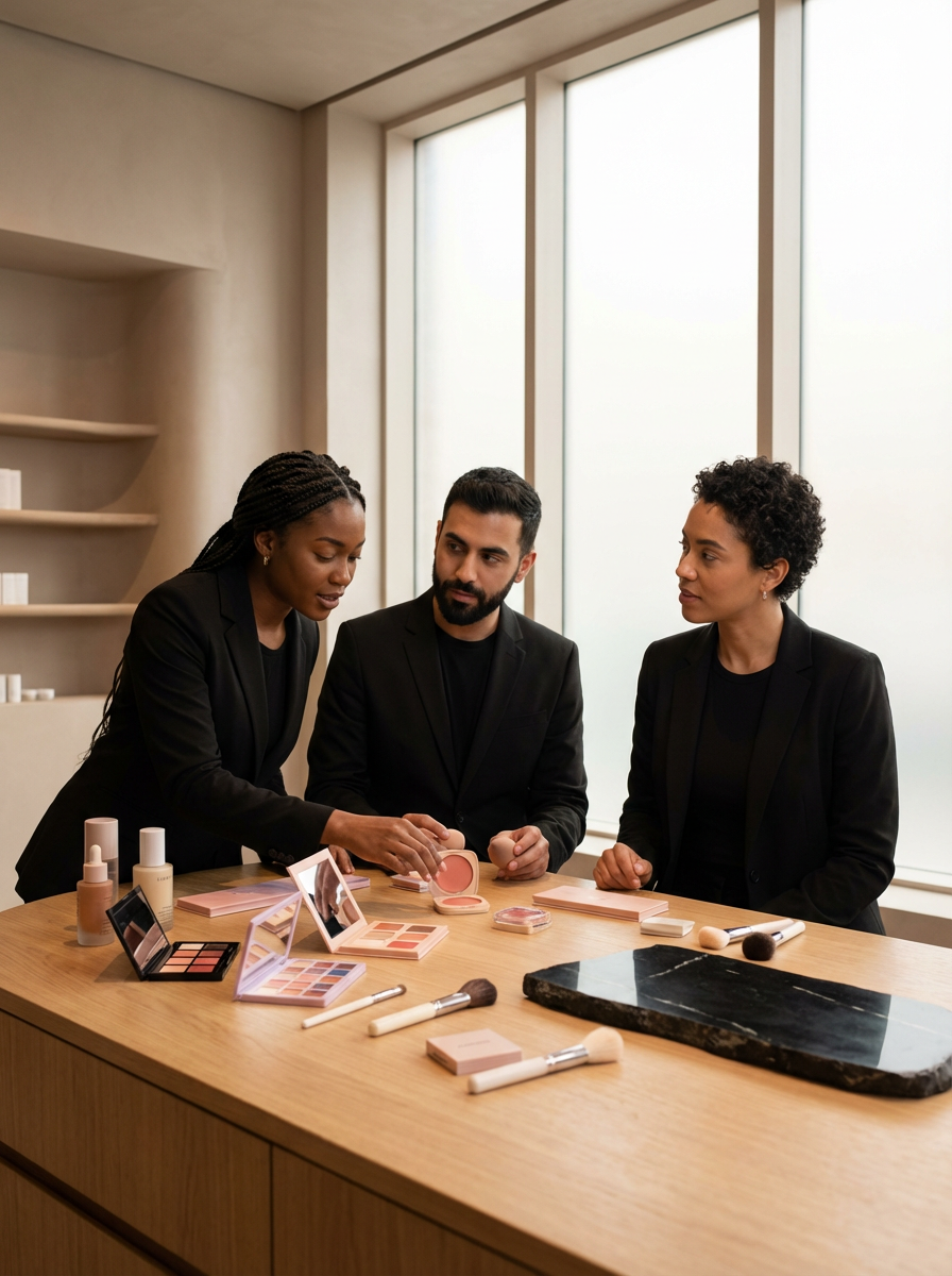 Three women in black blazers testing makeup and skincare products at a wooden table with natural light coming through large windows.