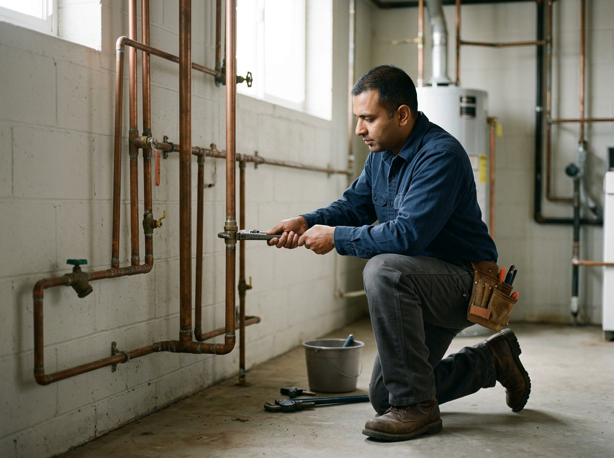 Man working on plumbing pipes inside a utility room, kneeling and using a wrench.