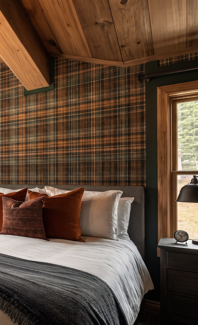 A cozy bedroom with a bed featuring multiple pillows, a wooden paneled ceiling, a window with a view of green trees, and a nightstand with a black lamp and clock.