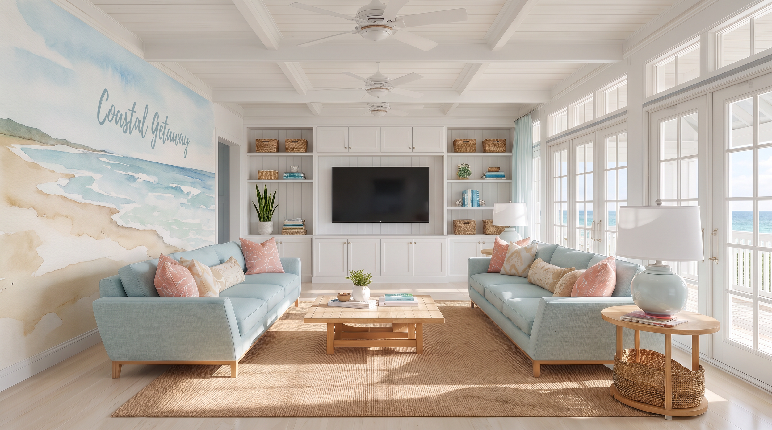 Bright living room with pastel blue sofas, pink and beige pillows, a wooden coffee table, white built-in shelves with baskets, a flat-screen TV, large windows showing an ocean view, and coastal-themed wall art.