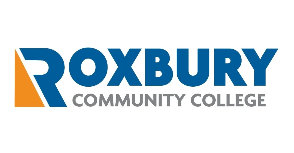 Logo of Roxbury Community College with blue and orange design elements.