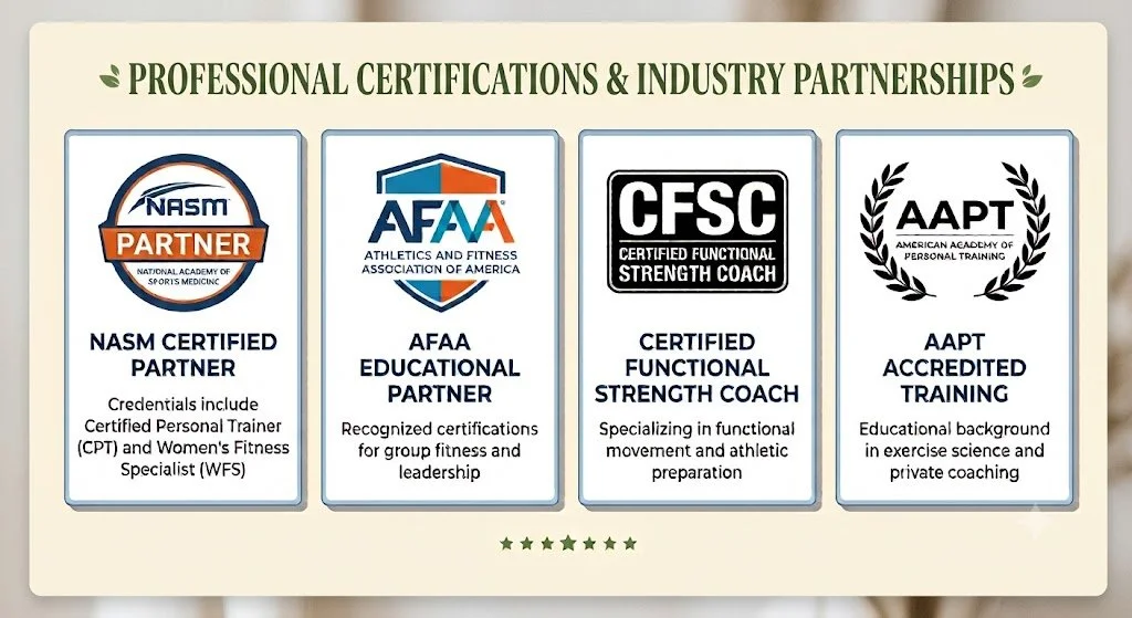 A graphic displaying four professional certifications and industry partnerships related to fitness and personal training. The certifications include NASM Certified Partner, AFAA Educational Partner, Certified Functional Strength Coach, and AAPT Accredited Training, each with a brief description of their credentials and focus areas.