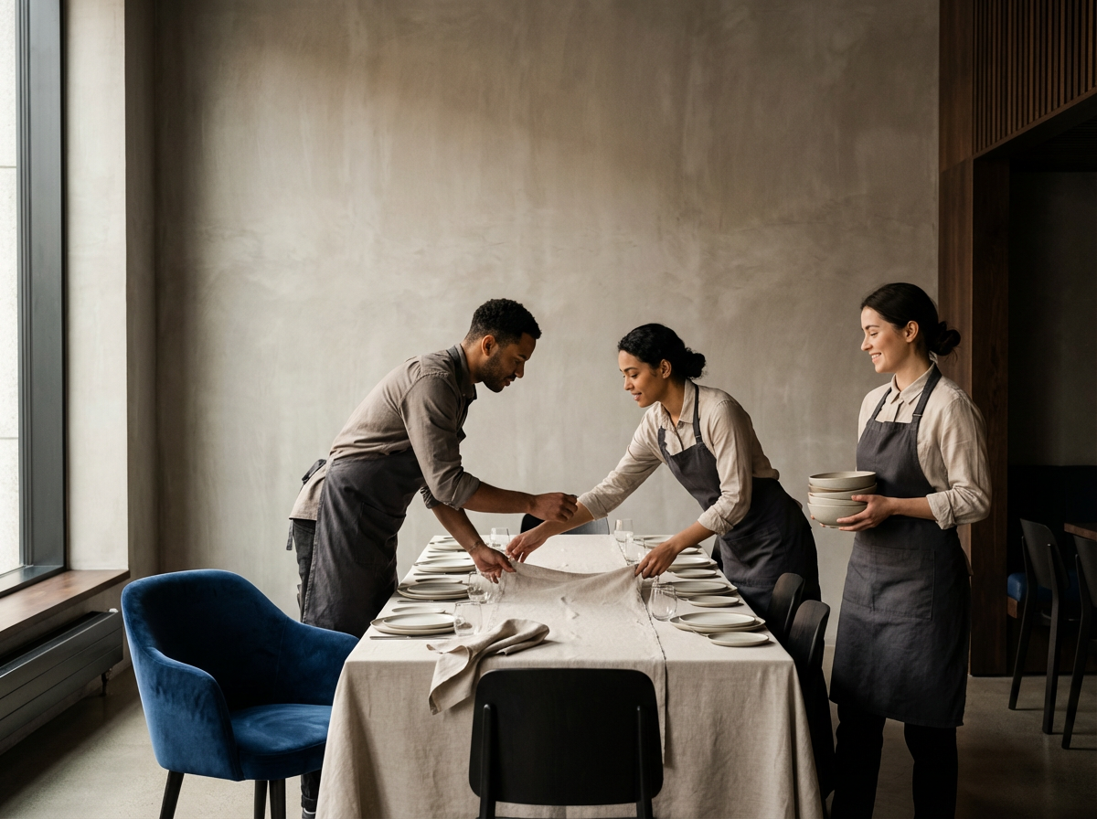 Three restaurant staff members setting a dining table with plates, glasses, and napkins in a modern restaurant interior.