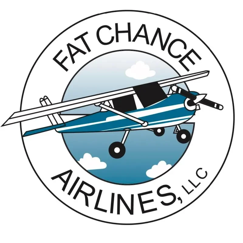 Logo for Fat Chance Airlines, LLC featuring a small blue and white airplane in a circular design with clouds and a blue sky background.
