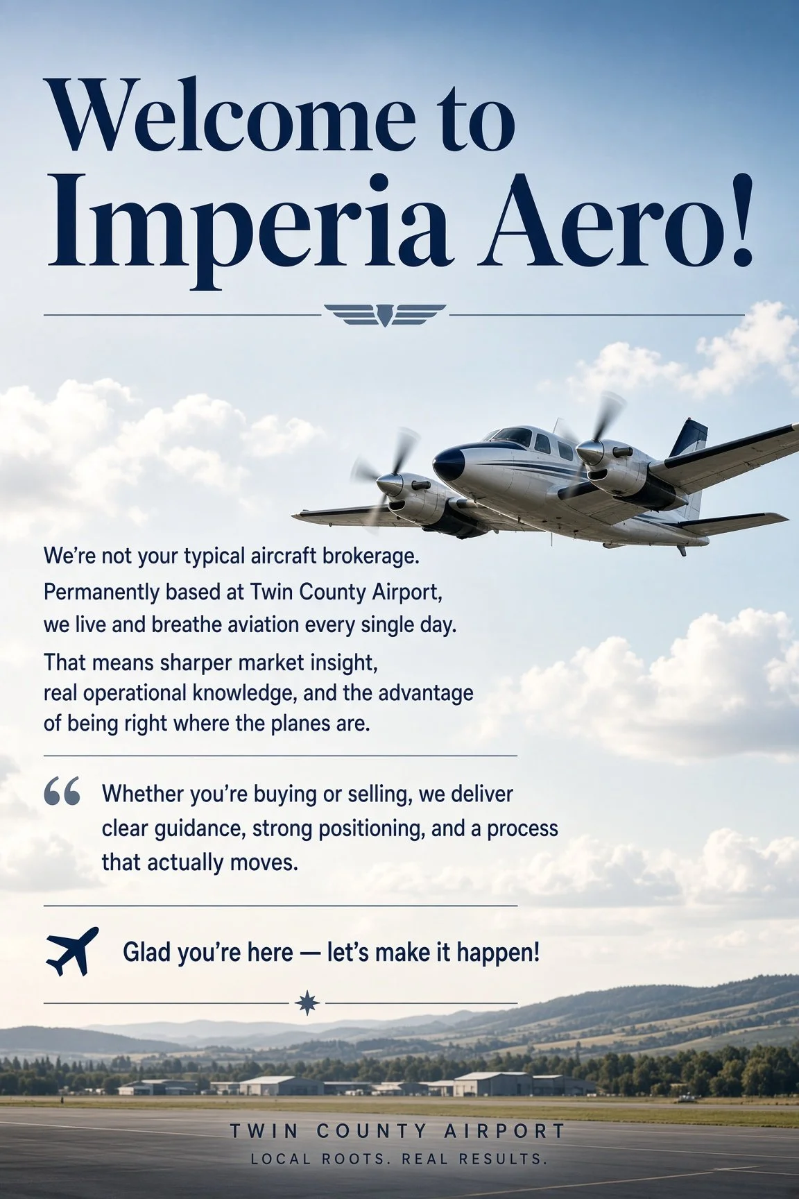 Promotional flyer for Imperial Aero featuring an airplane flying in the sky above Twin County Airport, with a landscape in the background and text about aviation services and local roots.