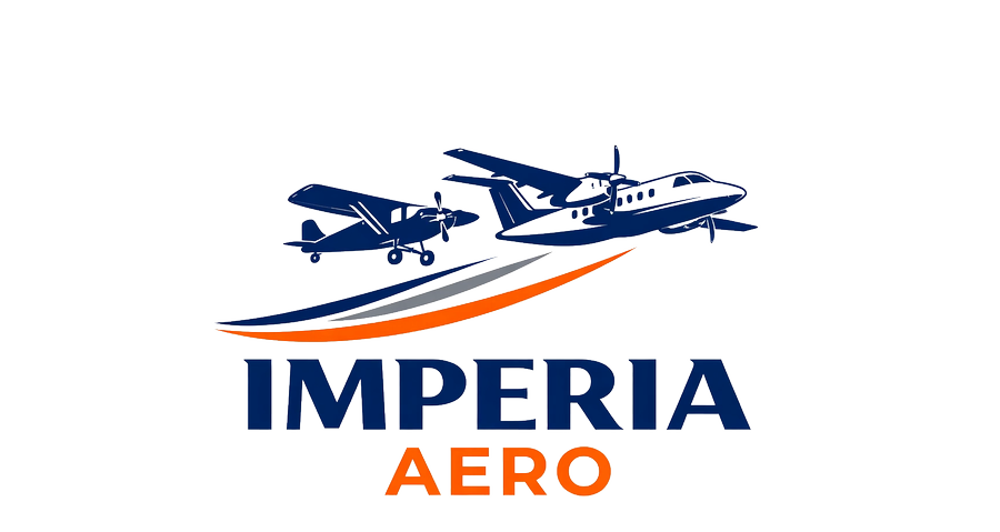 Logo of Imperia Aero featuring illustrations of three different aircrafts: a propeller plane, a tiltrotor aircraft, and a jet, with stylized swooshes underneath and the text 'IMPERIA AERO' in bold letters.