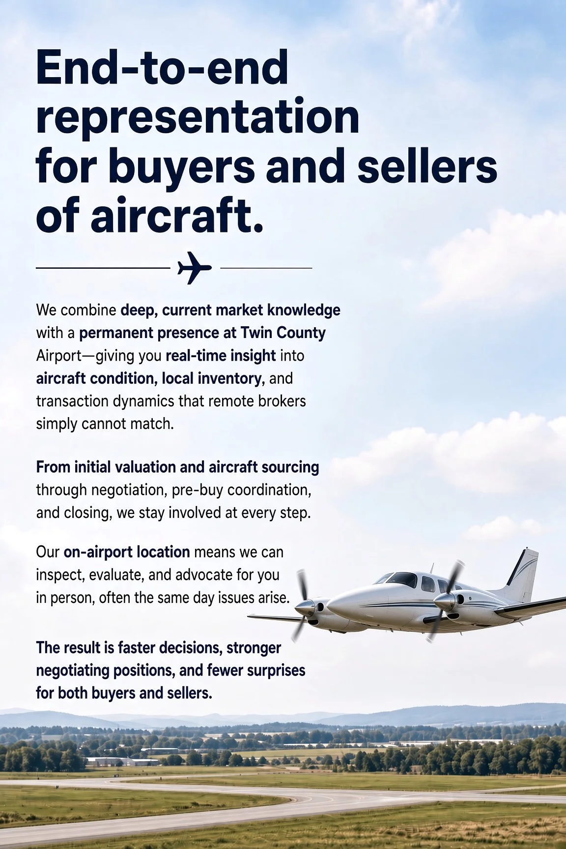 Flyer with text promoting aircraft market expertise, featuring an airplane, sky background, and a landscape view of an airport runway.