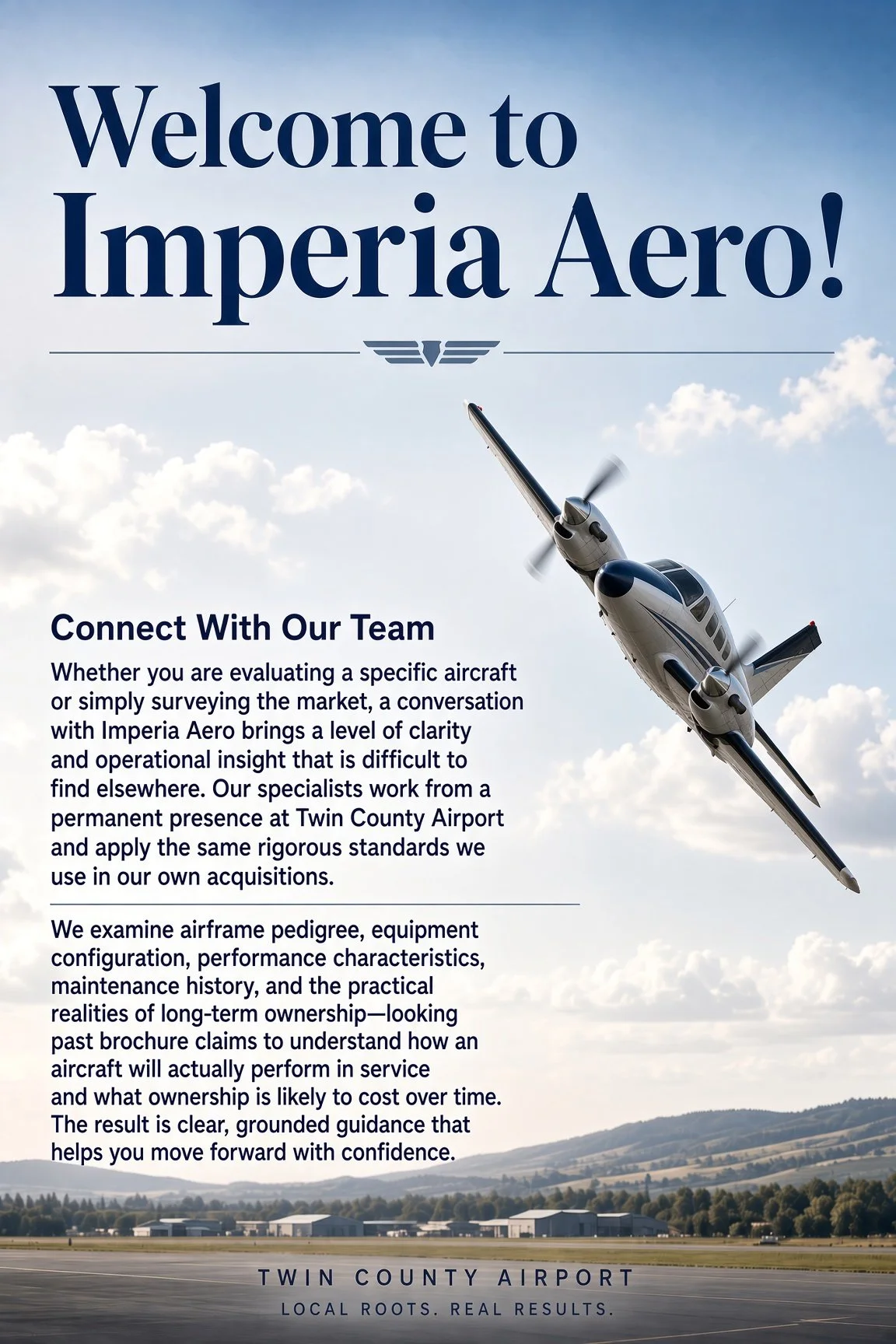 A promotional brochure for Imperia Aero featuring an airplane in flight against a cloudy sky, with the text welcoming visitors to Imperia Aero, emphasizing connecting with their team, and highlighting Twin County Airport.