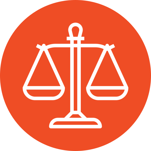 Symbole d'une balance, représentant la justice, sur un fond orange.