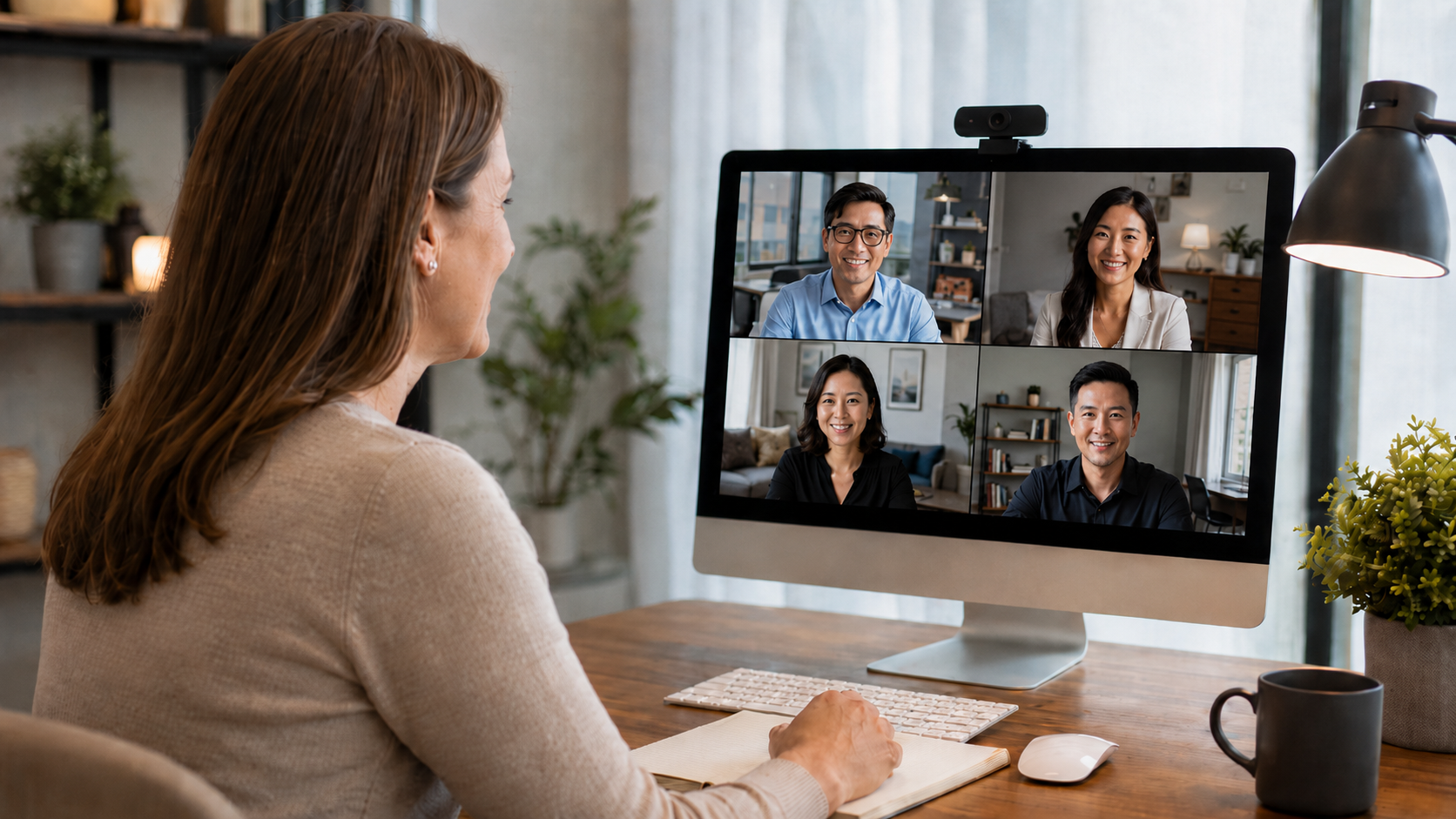 Woman participating in a virtual meeting with four people displayed on a computer screen.