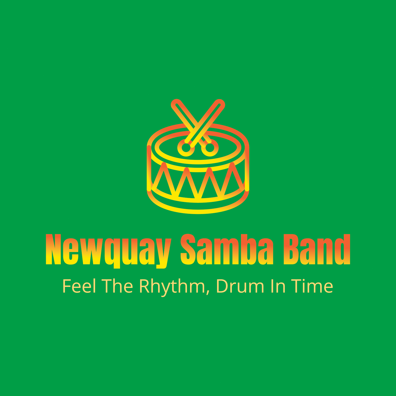 Colorful neon-style illustration of a drum with drumsticks crossed above it, with the text 'Nowquay Samba Band' and the slogan 'Feel The Rhythm, Drum In Time' on a green background.