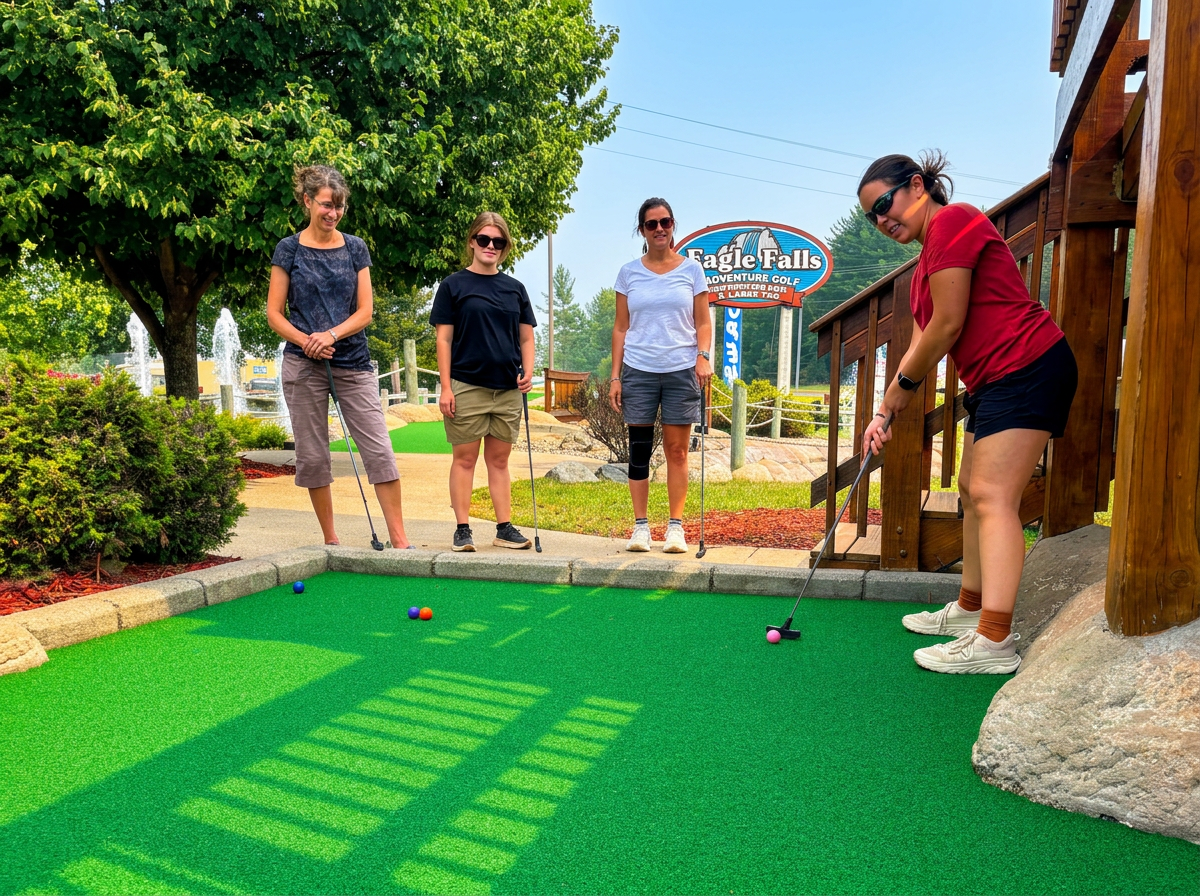 Four women playing mini-golf outdoors on a bright, sunny day. One woman in a red shirt and black shorts is putting, while the other three women observe. There is an Eagle Falls mini-golf sign in the background, along with trees, bushes, and a small building.