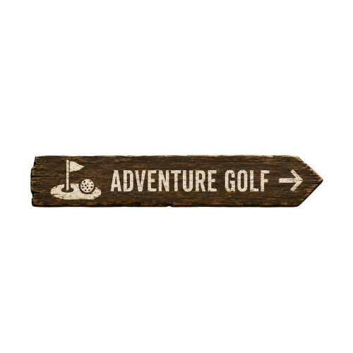 Wooden directional sign with a golf flag and ball icon, pointing right, labeled 'Adventure Golf'.