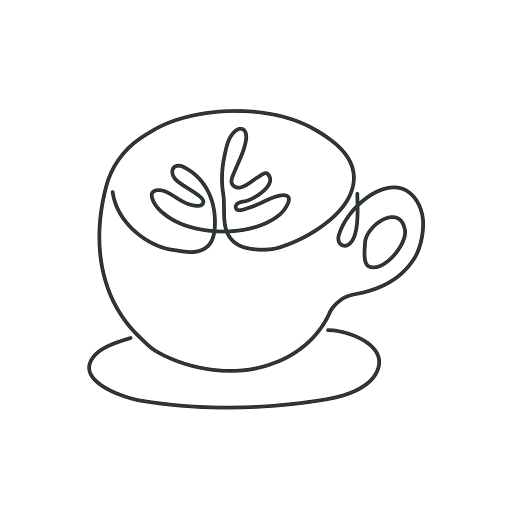 Line drawing of a coffee cup with a saucer, steam rising, and a leaf inside the cup.