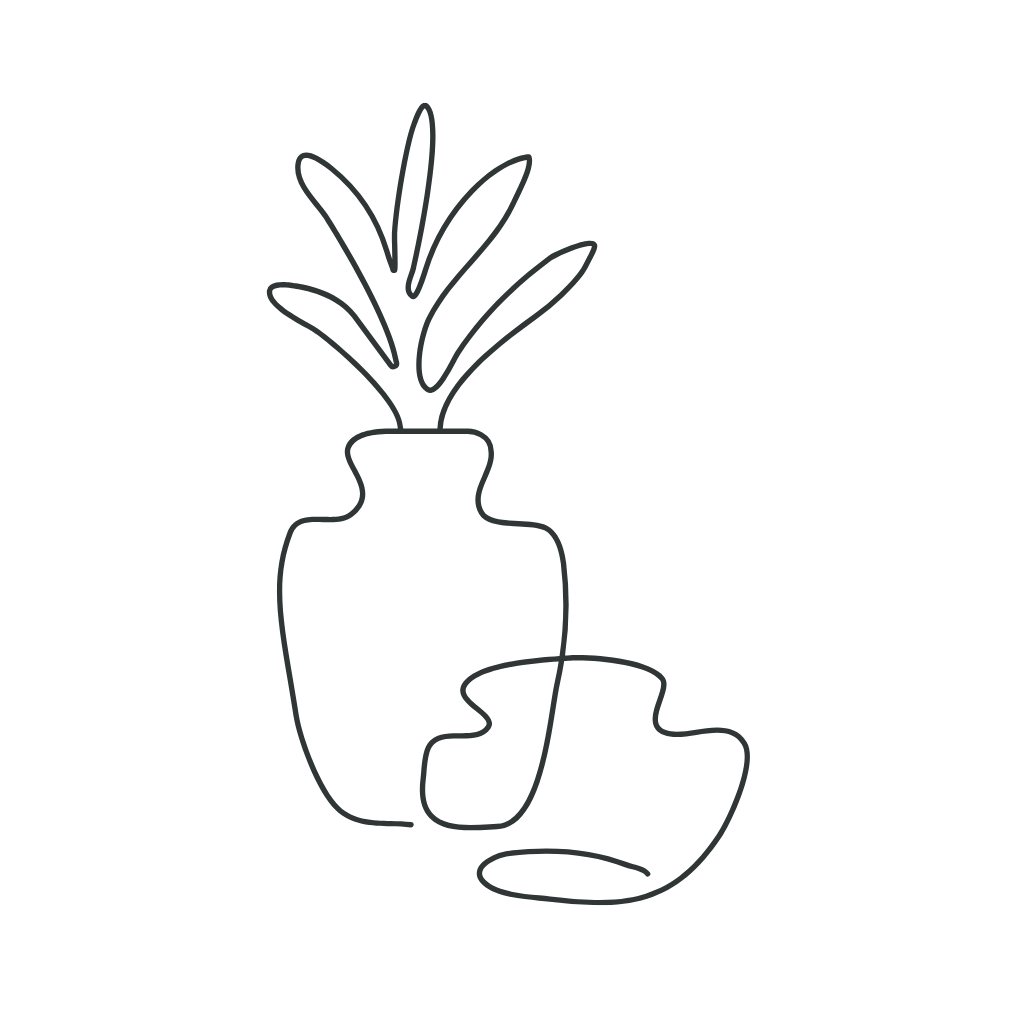 Line drawing of a potted plant with long leaves and a small round object beside the pot.