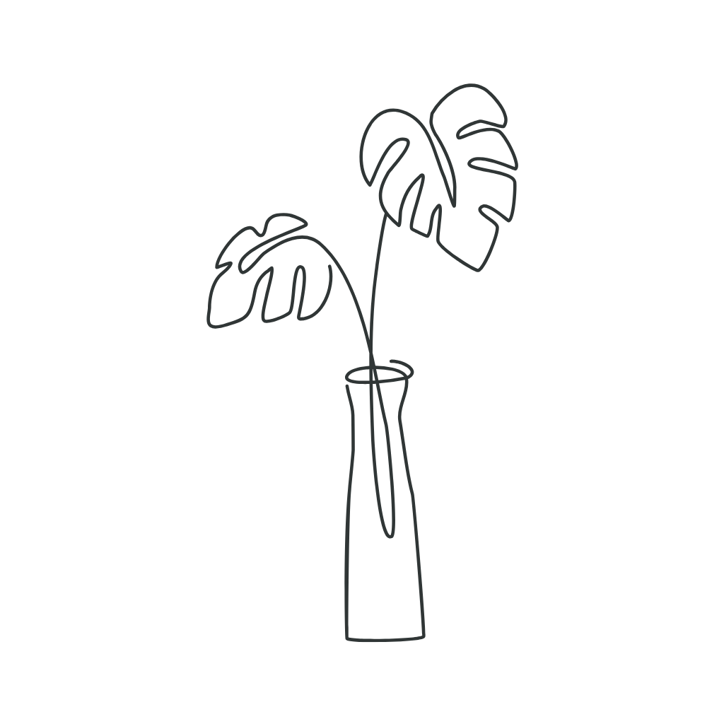 Line drawing of a vase with two large monstera leaves inside.