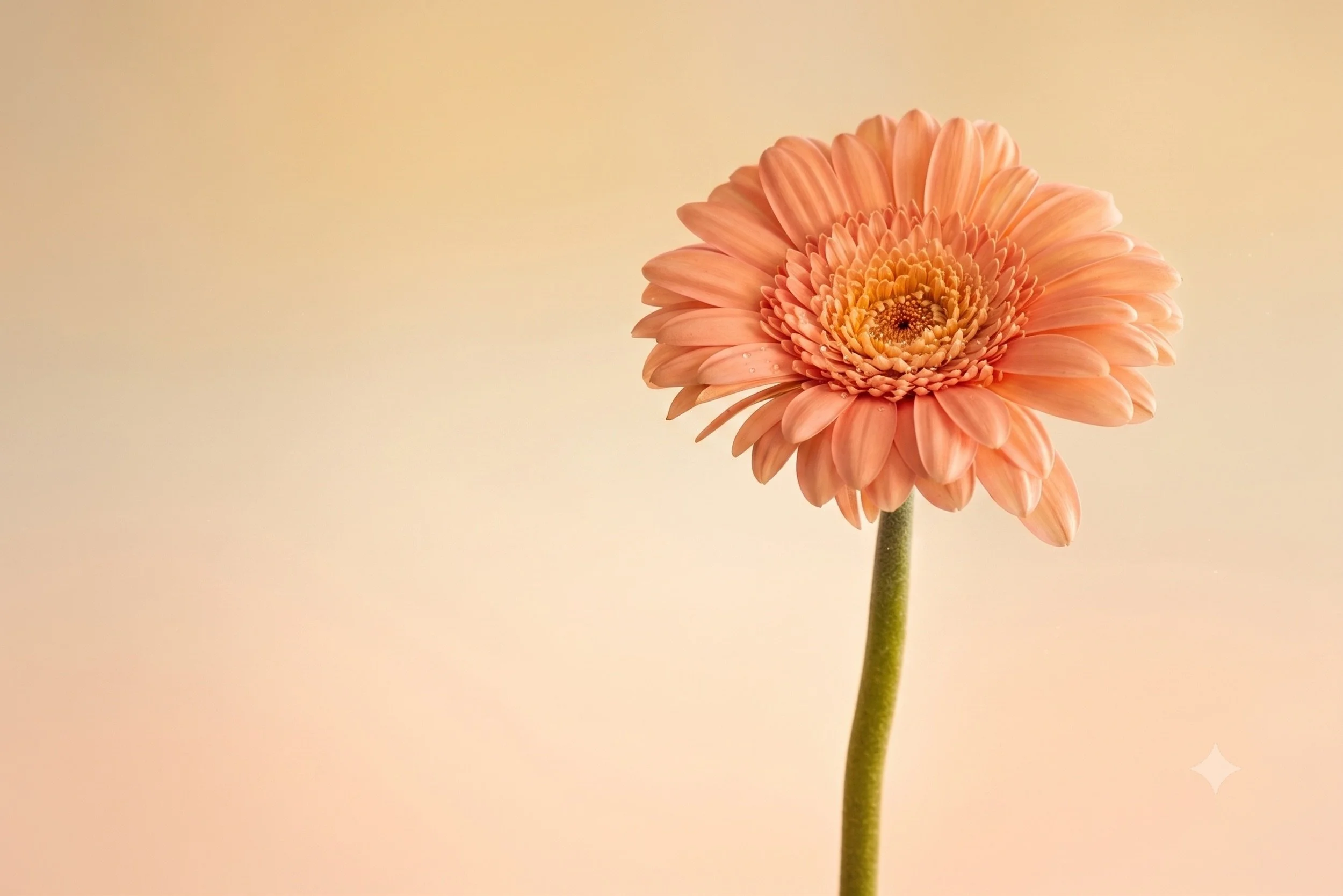 Eine orangefarbene Blume mit einem grünen Stiel vor einem hellen, einfarbigen Hintergrund.