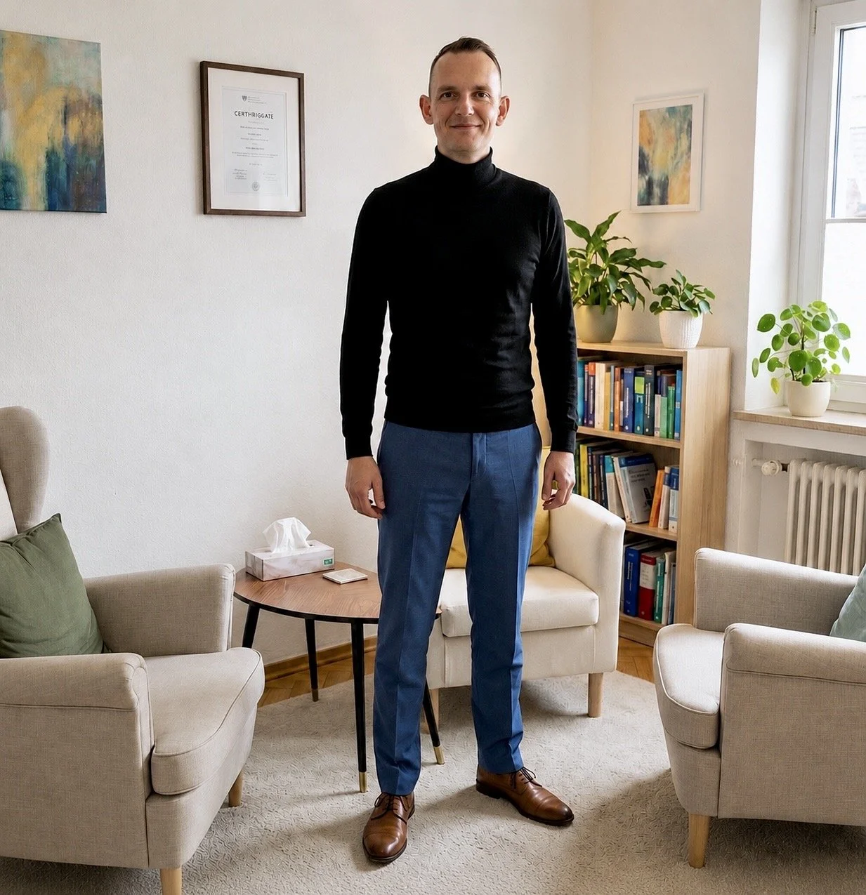 Ein Mann steht in einem Wohnzimmer, trägt einen schwarzen Rollkragenpullover, blaue Hosen und braune Schuhe, umgeben von Sofas, Pflanzen, einem Bücherregal und Dekorationsgegenständen.