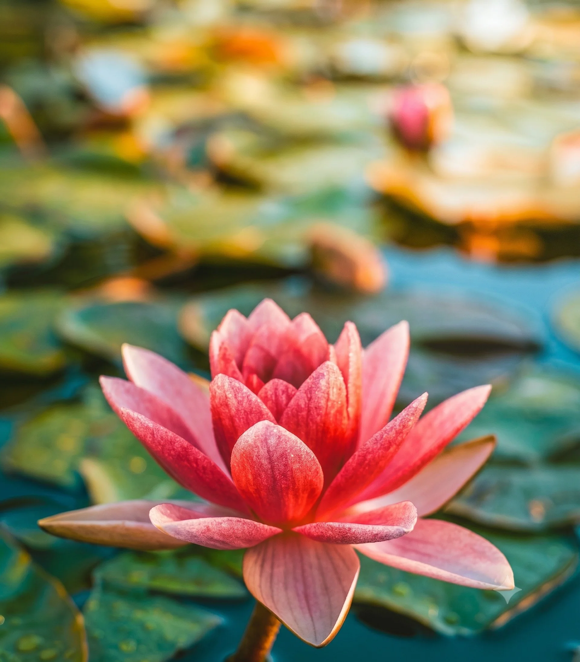 Nahaufnahme einer pinken Seerose auf einer Wasseroberfläche mit grünen Wasserpflanzen im Hintergrund.