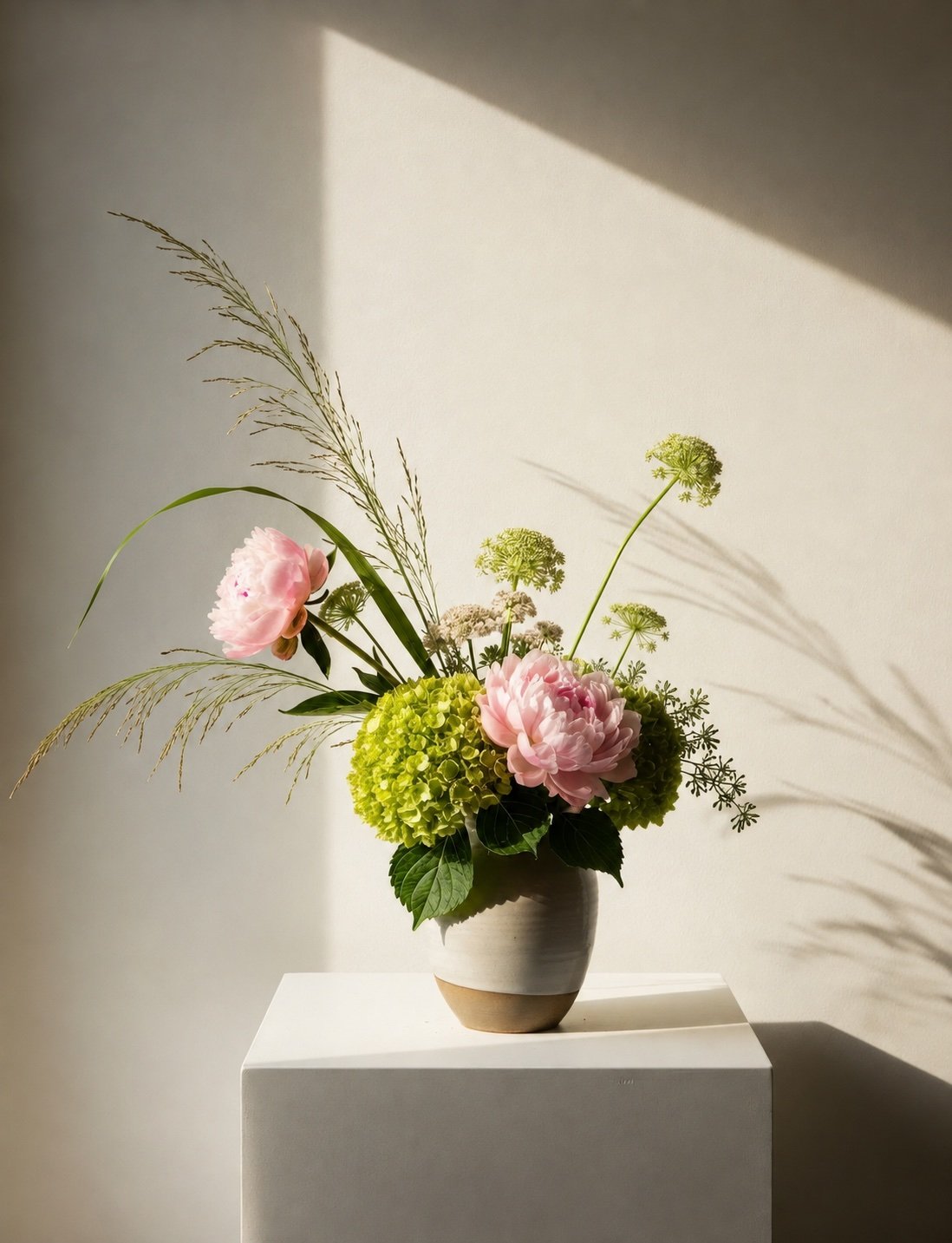 Blumenstrauß mit pinken Pfingstrosen, grünen Hydrangeas, getrocknetem Gras und anderen grünen Pflanzen in einer weißen Vase auf einem weißen Podest, mit Schatten an der Wand im Hintergrund.