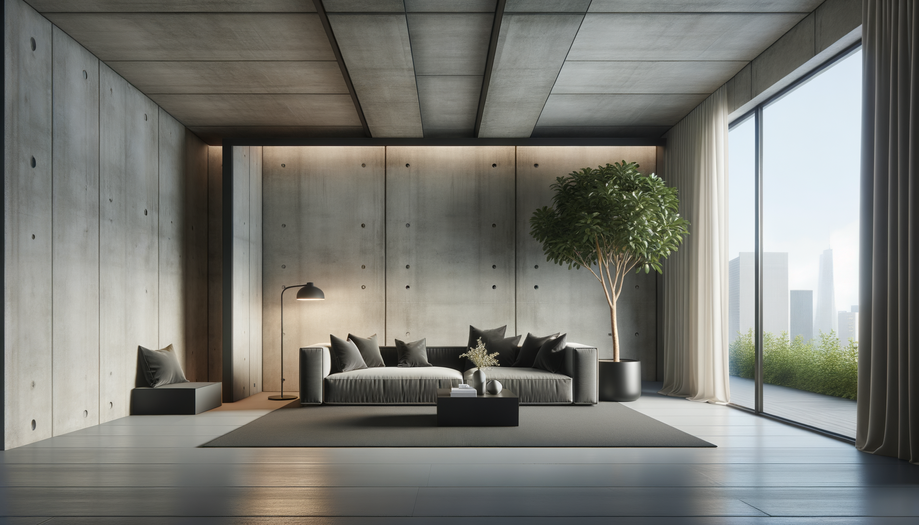 Modern living room with concrete wall, large window with cityscape view, black sofa with pillows, plant in black pot, small black coffee table, floor lamp, and curtains.