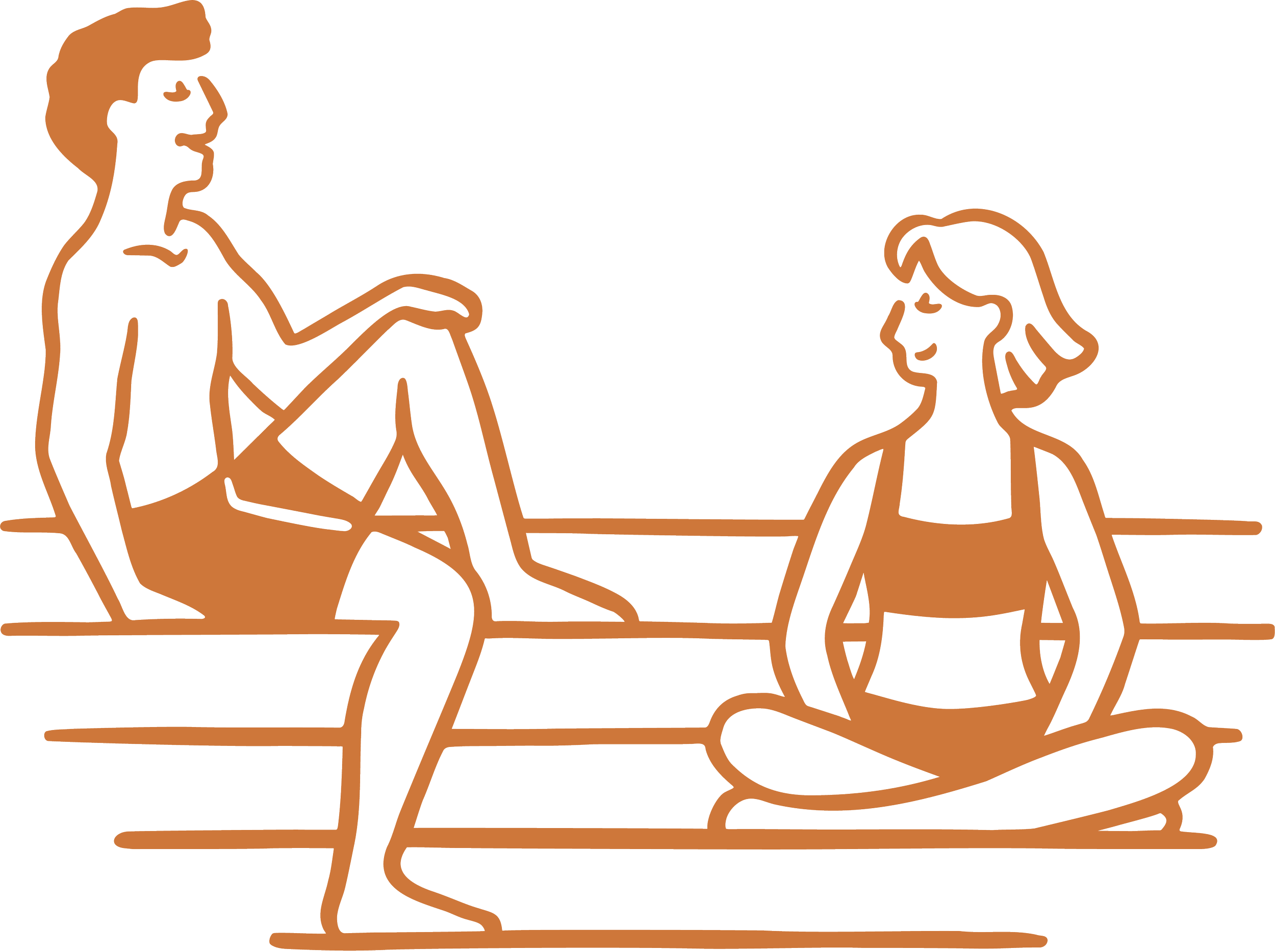 Line drawing of two children at a table, one sitting and one standing, engaging in an activity with a piece of paper and a pen.